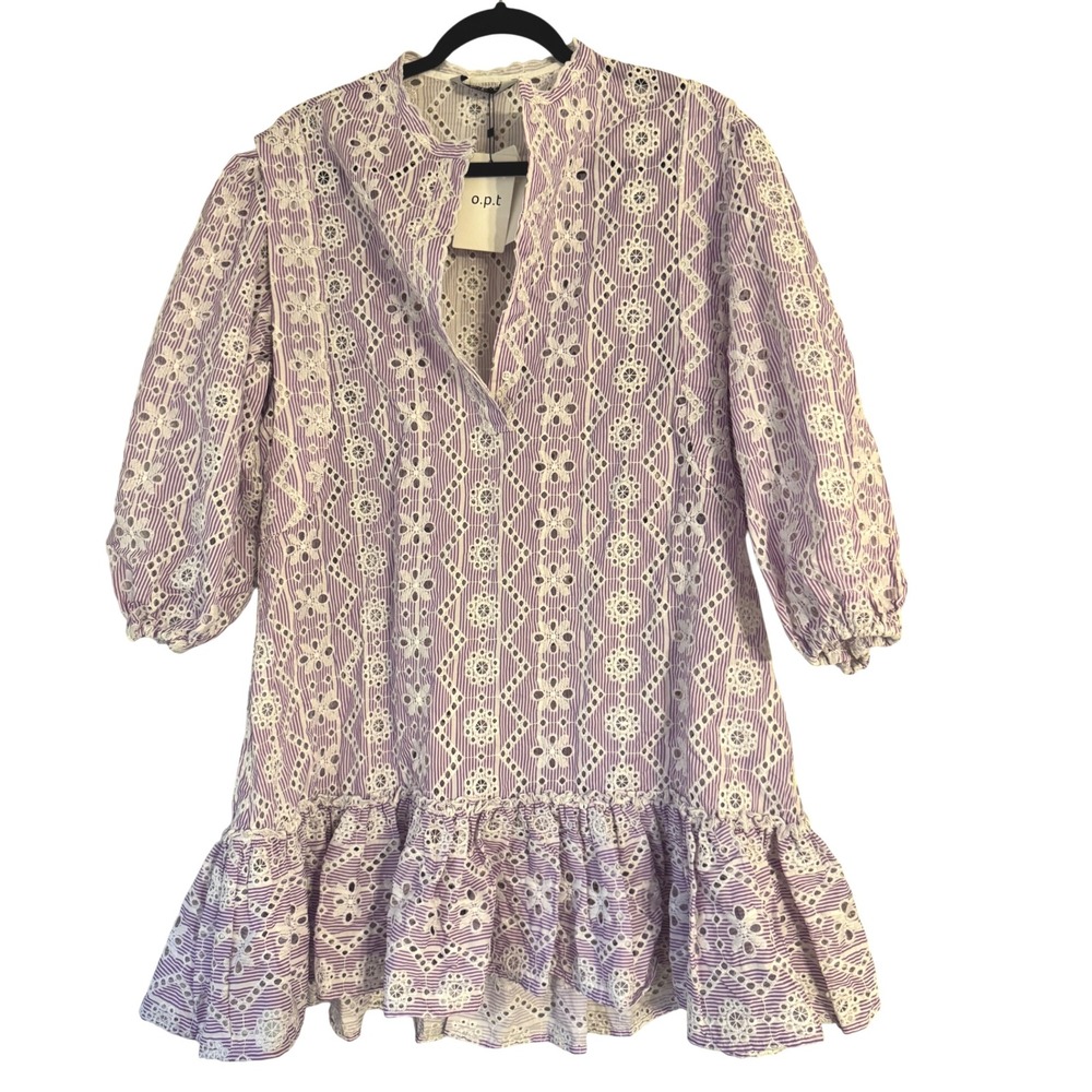 OPT Dress Lilac Striped Eyelet Puff Sleeve Ruffle Hem Mini‎ Dress